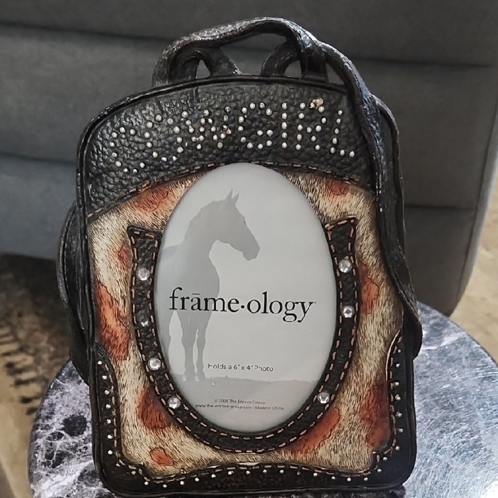 (Cowgirl) Brown Western Horseshoe Photo Frame with Stud Accents.